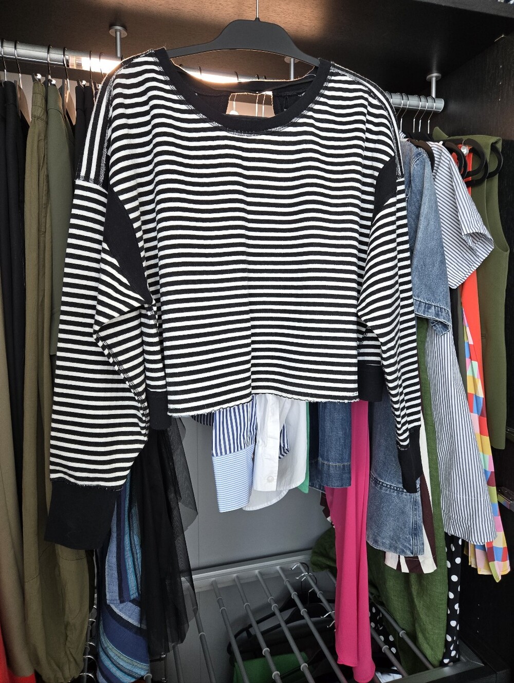 FP Movement by Free People Black & White Striped Cropped Crew Sweater
